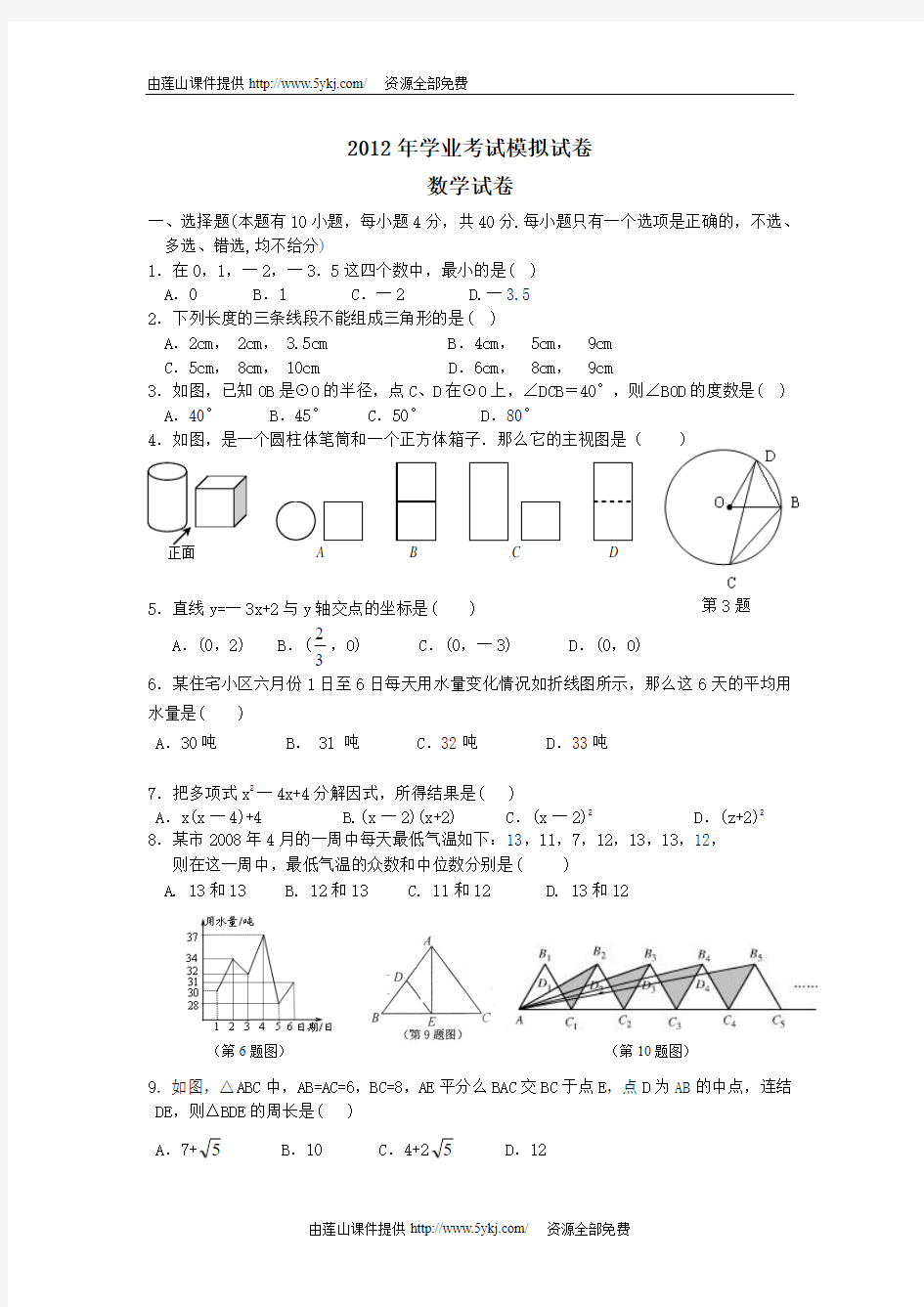 2012届九年级第一次模拟考试数学试题及答案