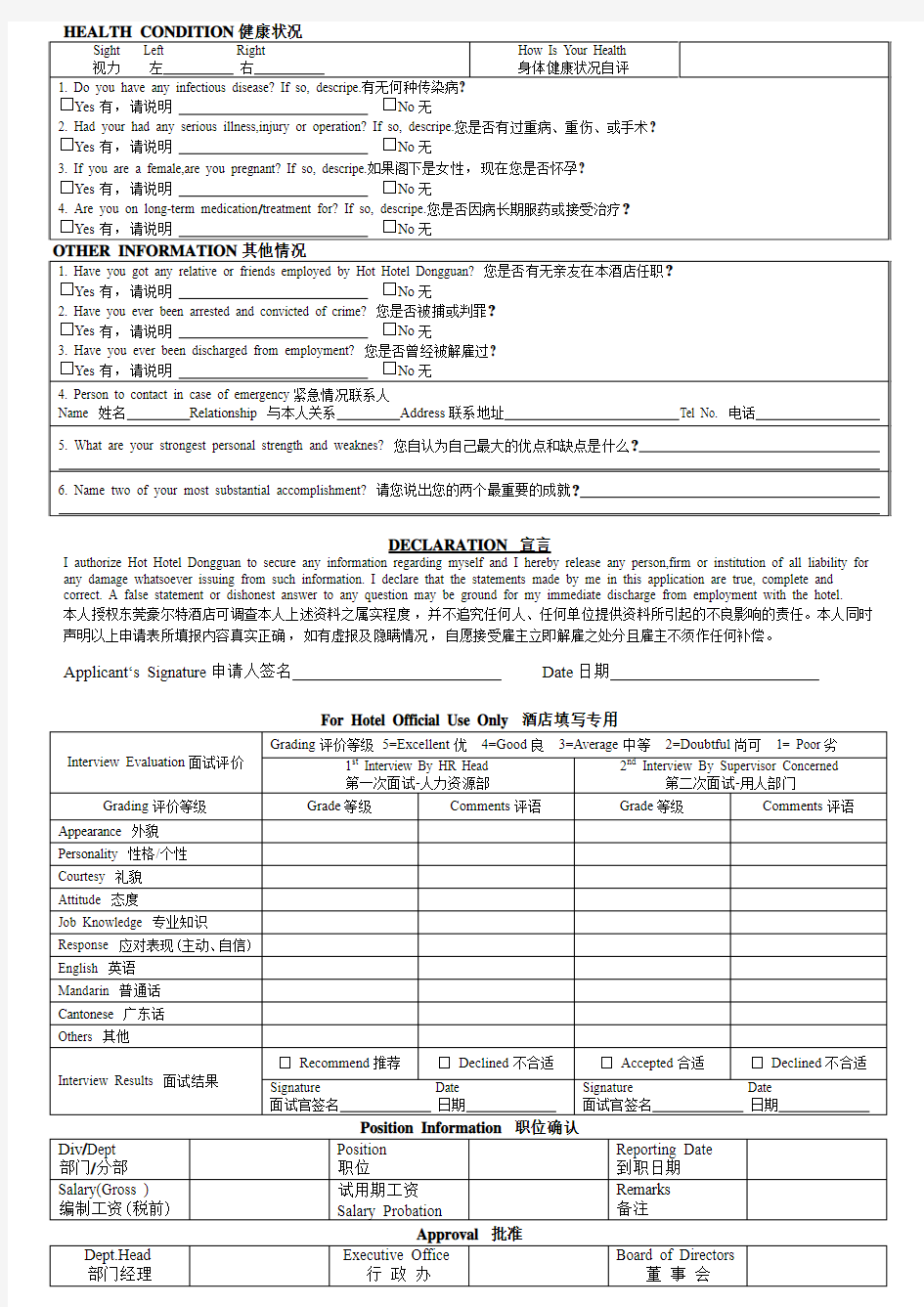 Employment Application Form 东莞豪尔特酒店职位申请表
