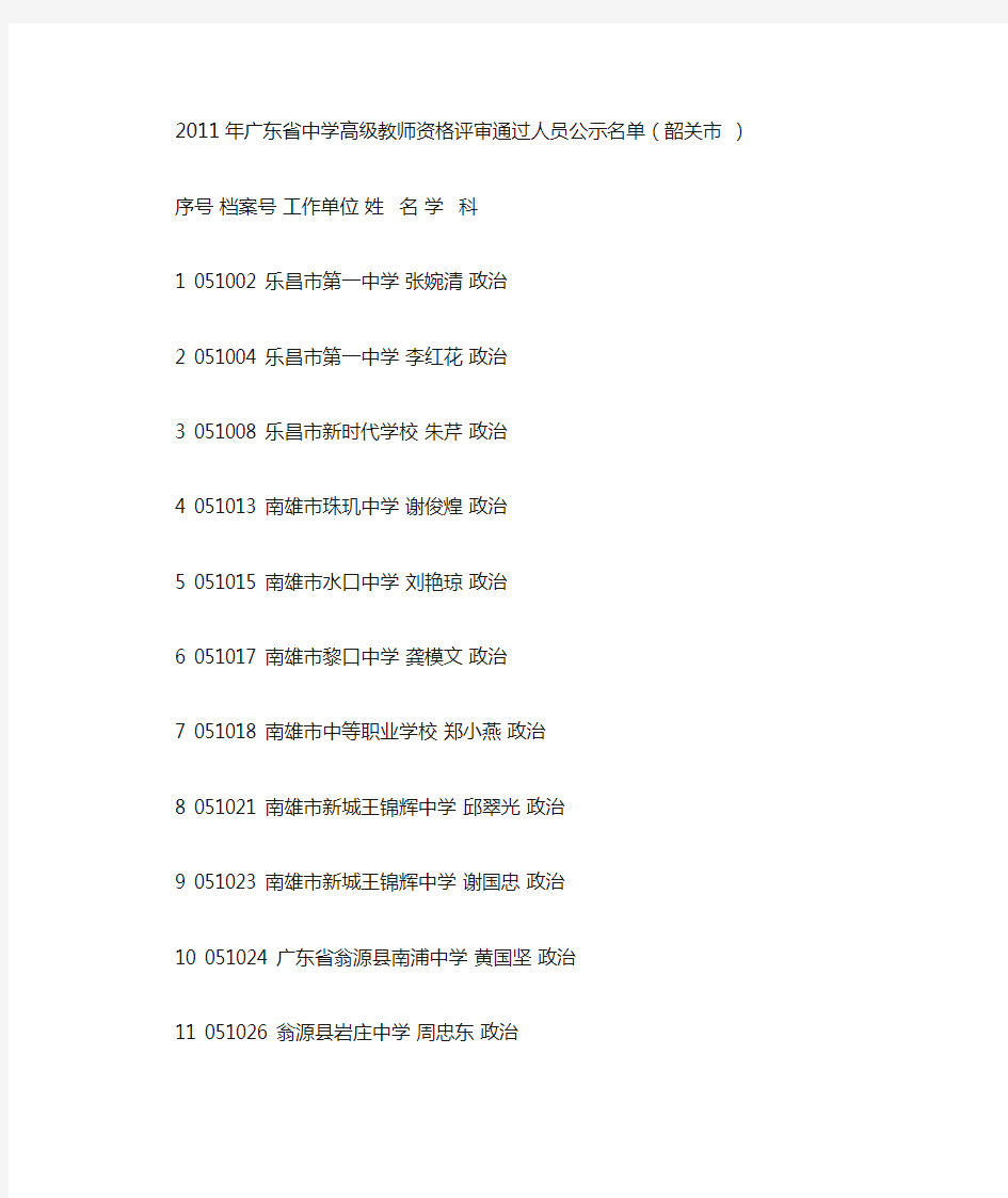 2011年广东省中学高级教师资格评审通过人员公示名单(韶关市 )