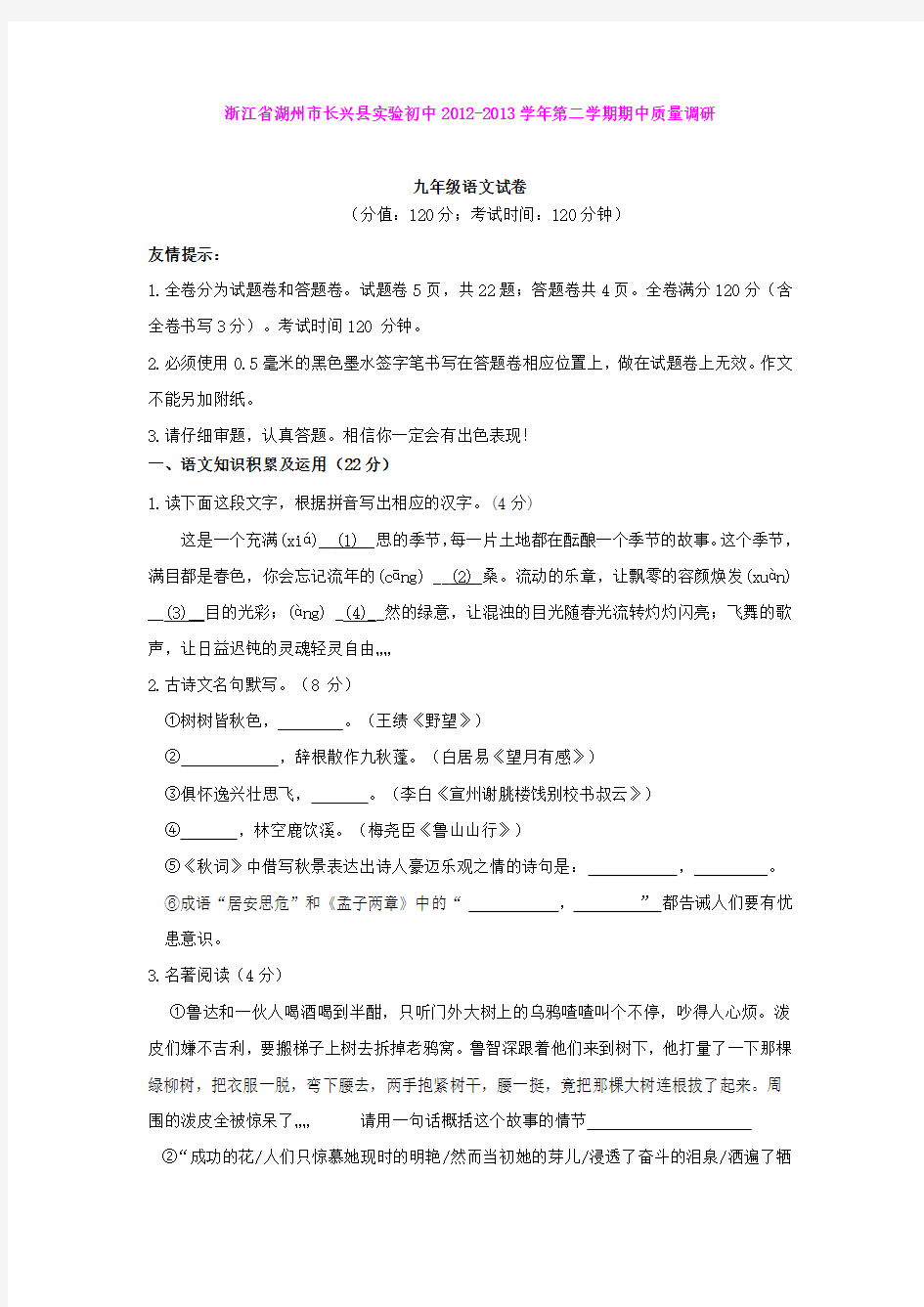 浙江省湖州市长兴县实验初中2012-2013学年九年级下学期期中调研语文试题