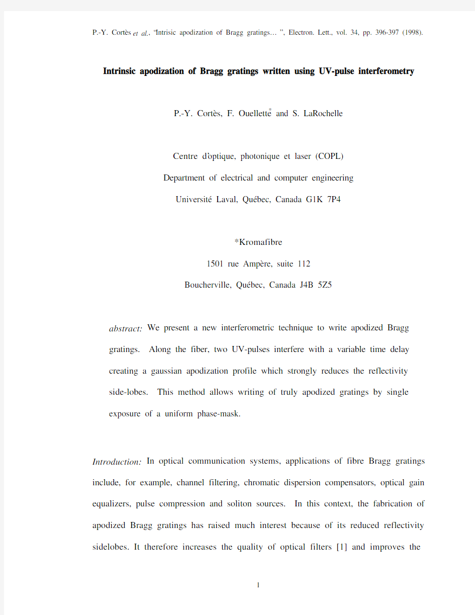 Intrinsic apodization of Bragg gratings written using UV-pulse interferometry