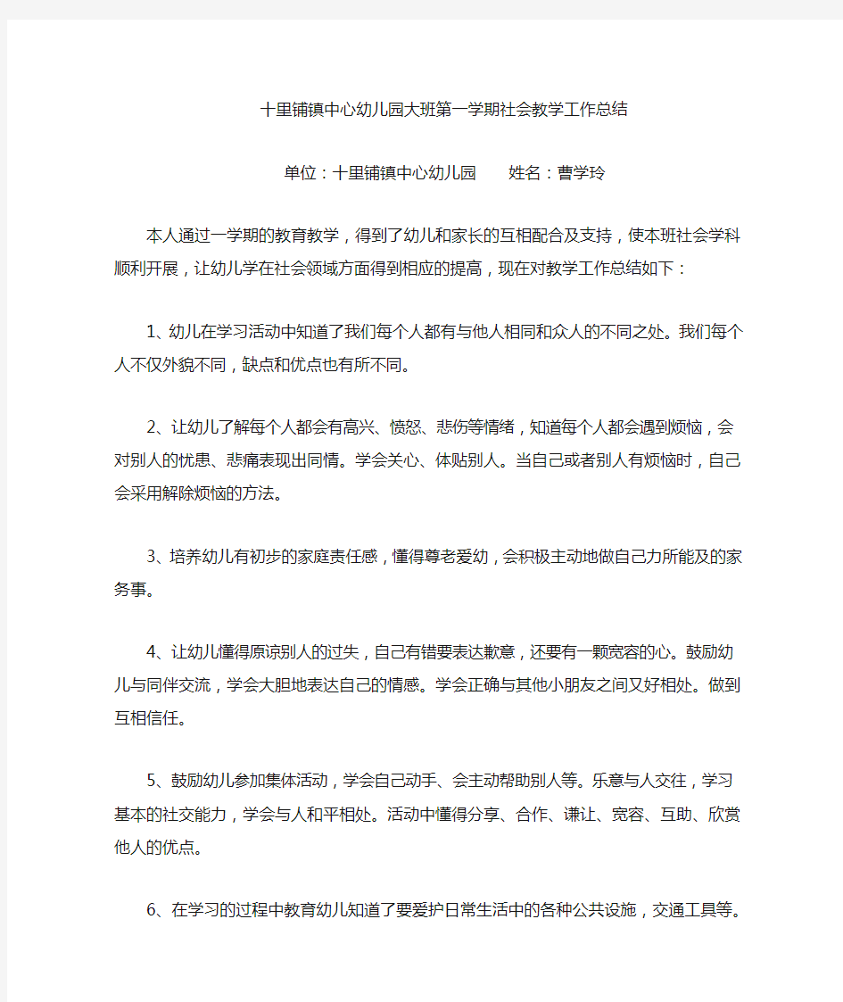 中心幼儿园大班社会教学工作总结