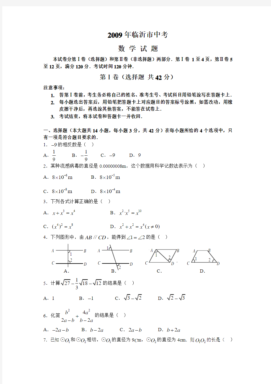 2009年临沂市中考数学试题及答案