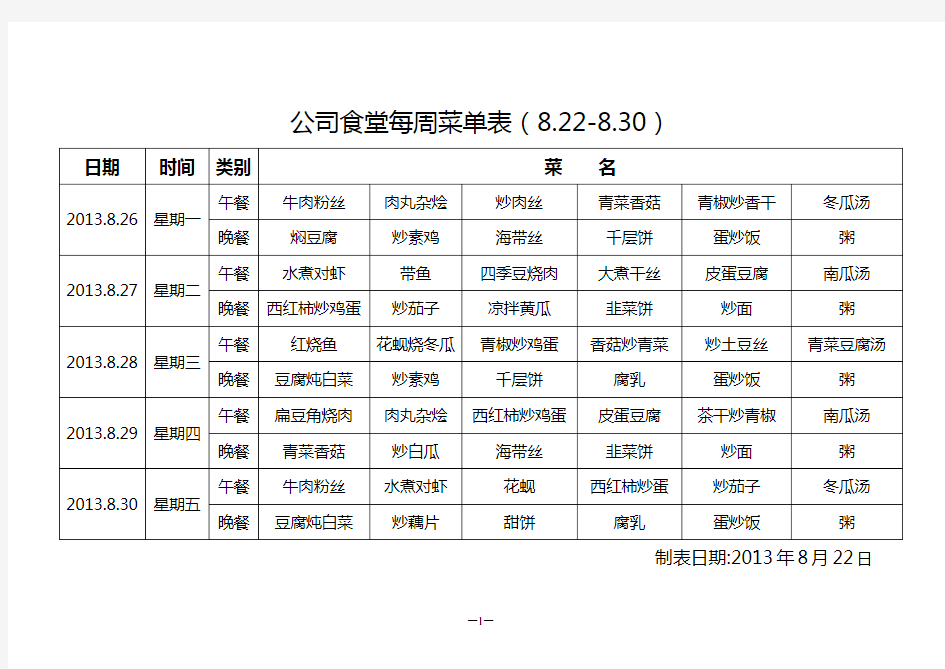 公司食堂每周菜单表(8.22-8.30)