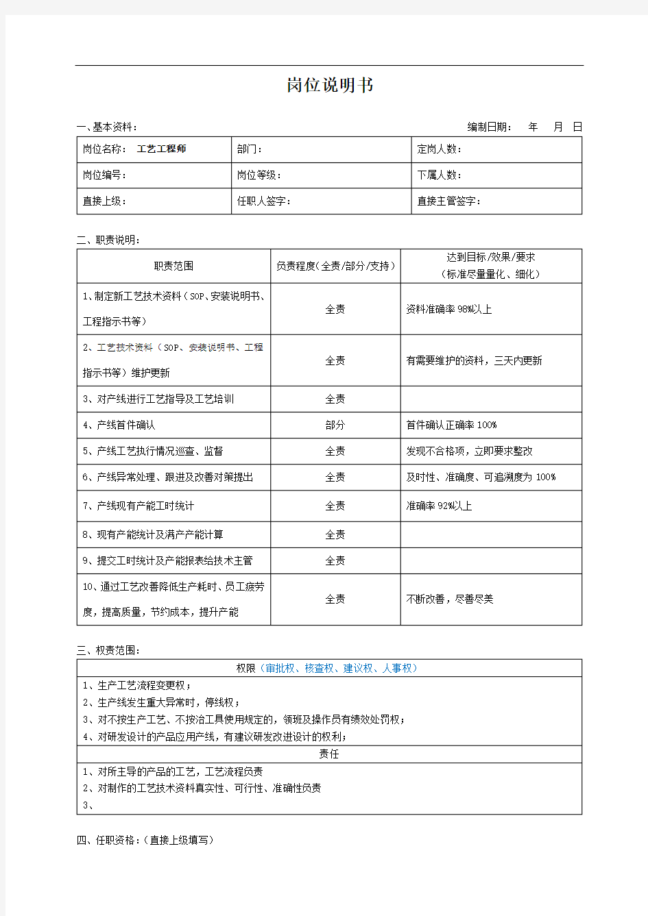 工艺工程师岗位职责说明书