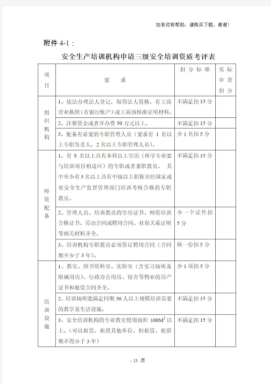 安全生产培训机构申请三级安全培训资质考评表