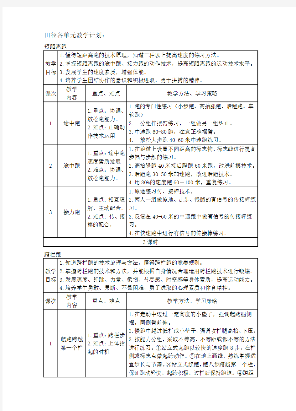 田径各单元教学计划