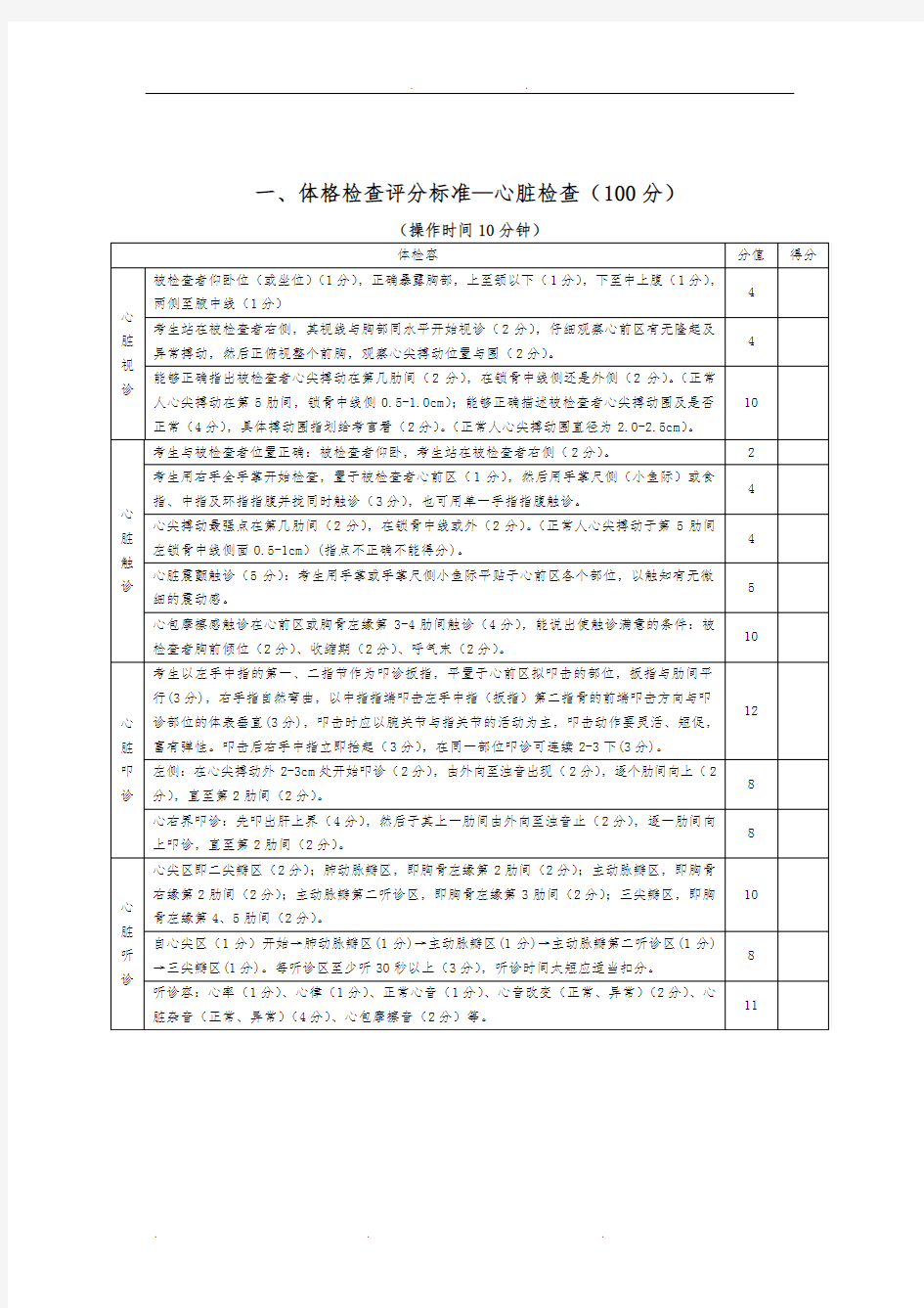 体格检查评分标准(心脏)