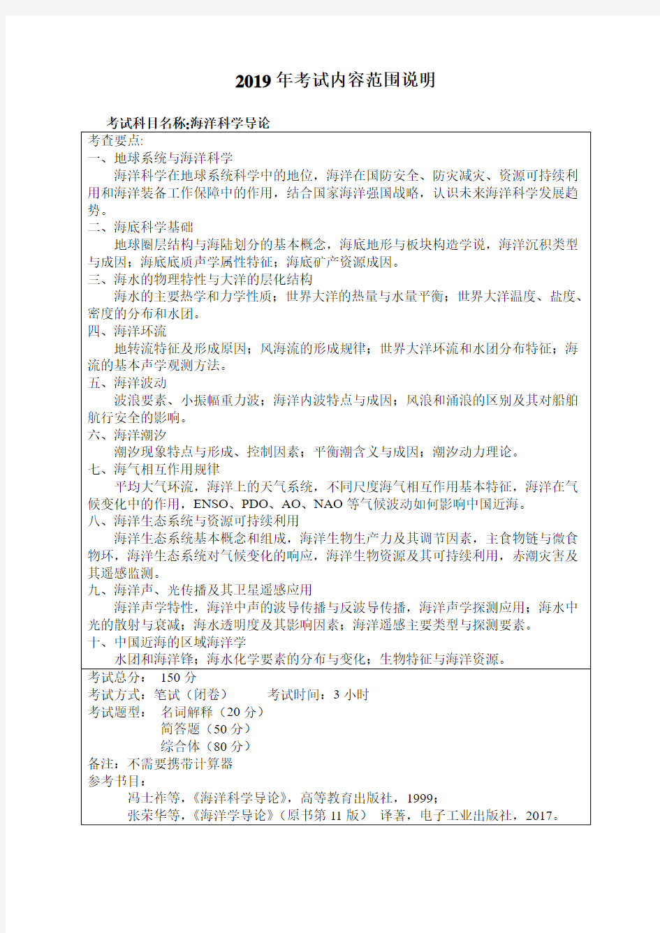 2019年哈尔滨工程大学海洋科学导论考试内容范围说明