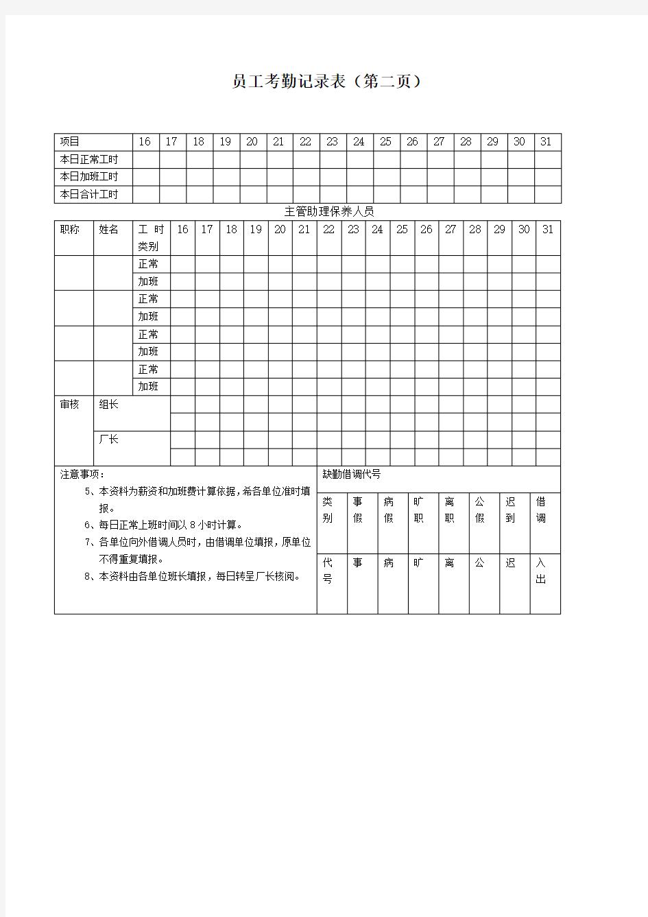 员工考勤记录表模板模板