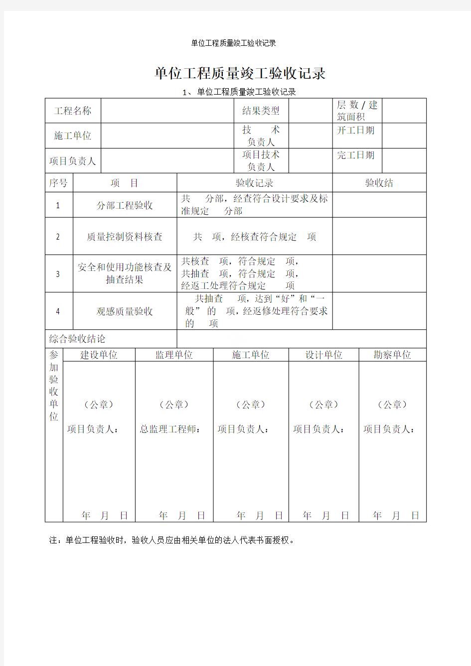 单位工程质量竣工验收记录