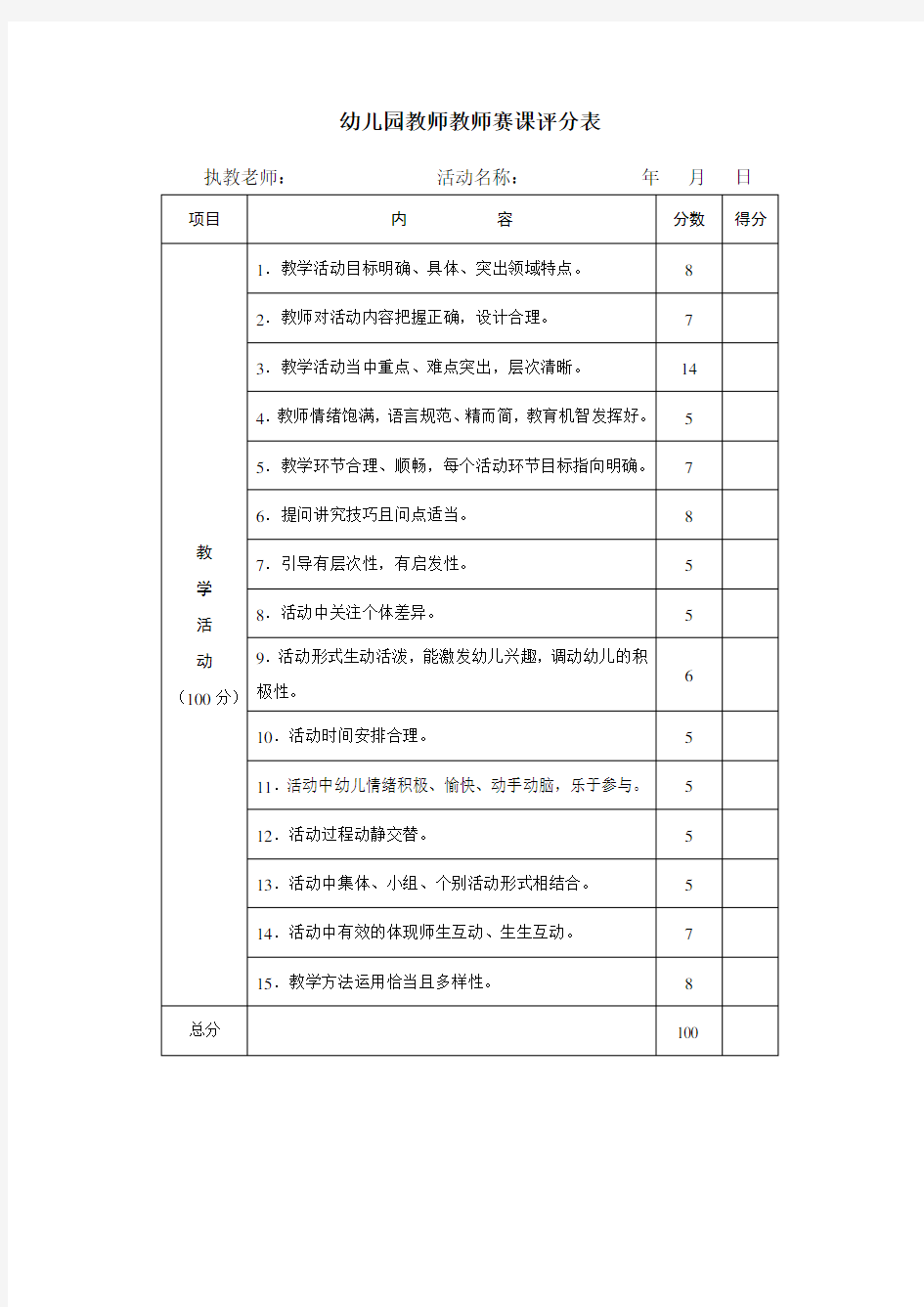 幼儿园教师教师赛课评分表