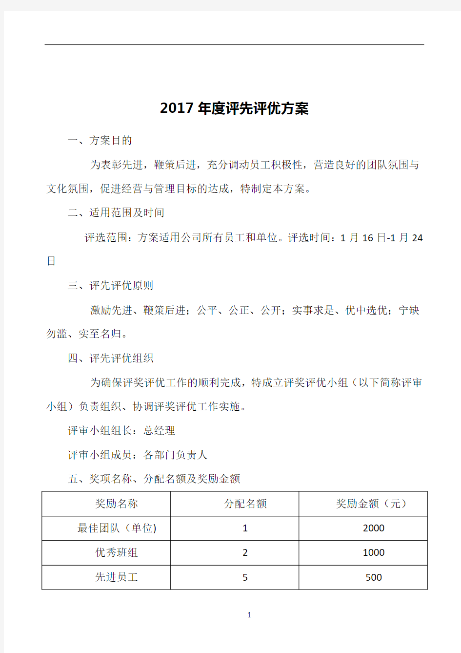 2017年度评先评优方案