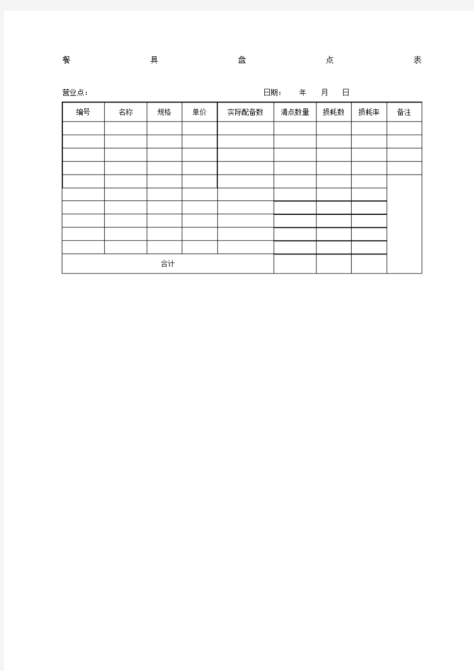 餐具盘点表格式