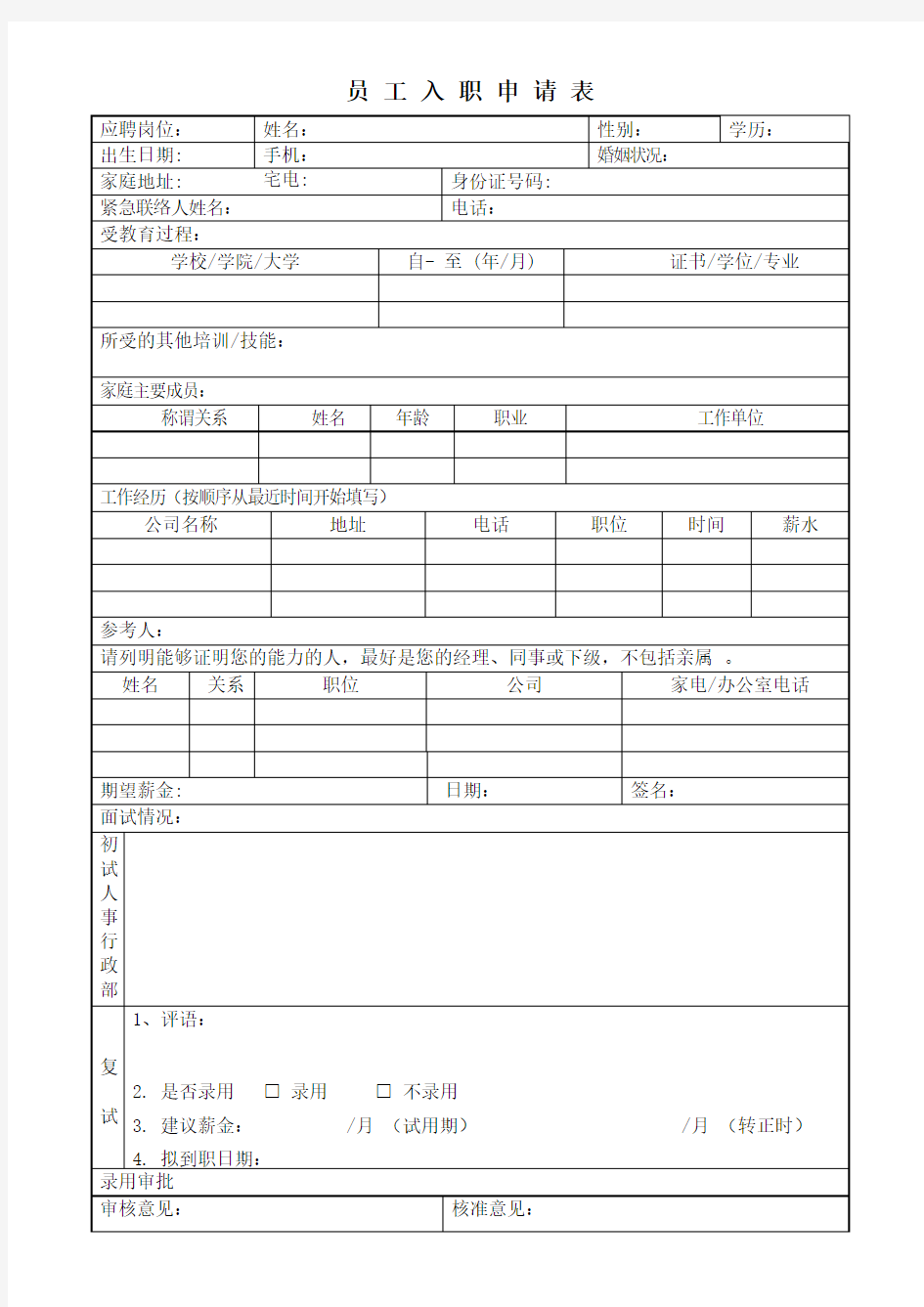 员工入职申请表范本