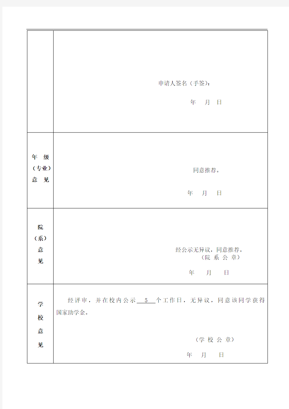 本专科生国家助学金申请表