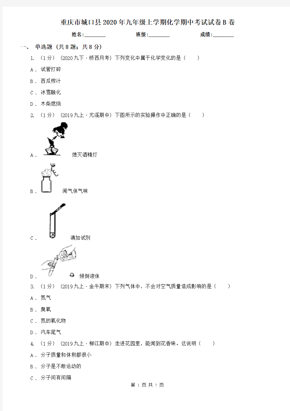 重庆市城口县2020年九年级上学期化学期中考试试卷B卷