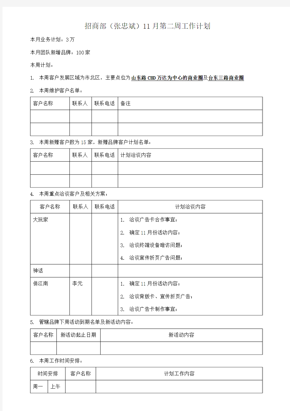 招商部周工作计划