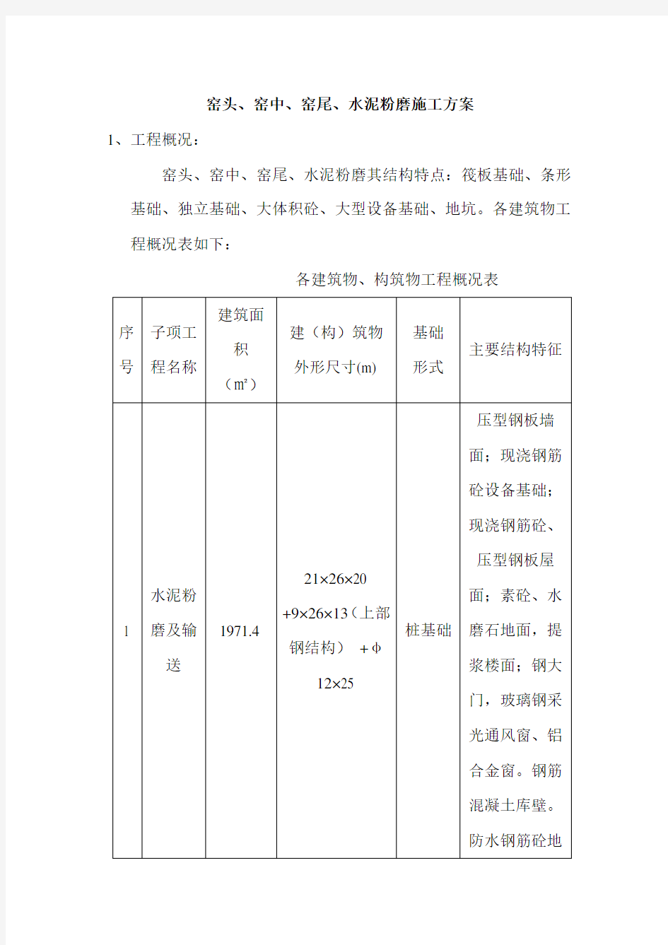 水泥厂窑头、窑中、窑尾、水泥粉磨施工方案