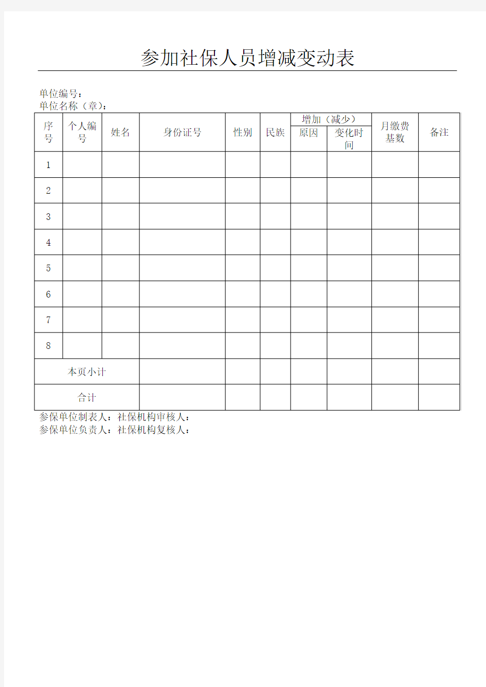 参加社保人员增减变动表