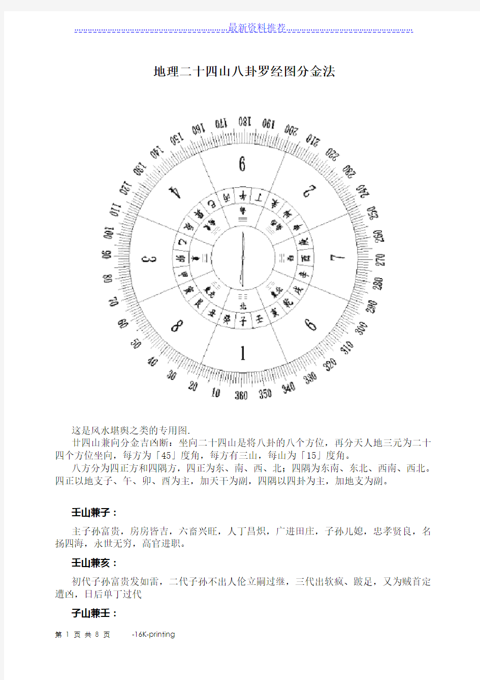 地理二十四山八卦罗经图分金法