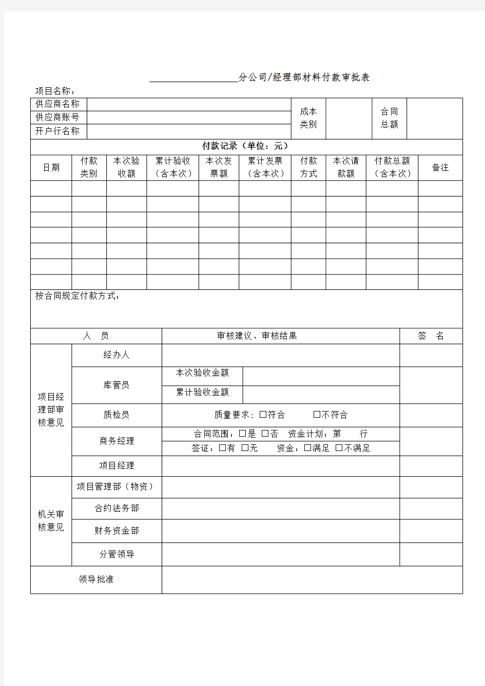 材料付款审批表