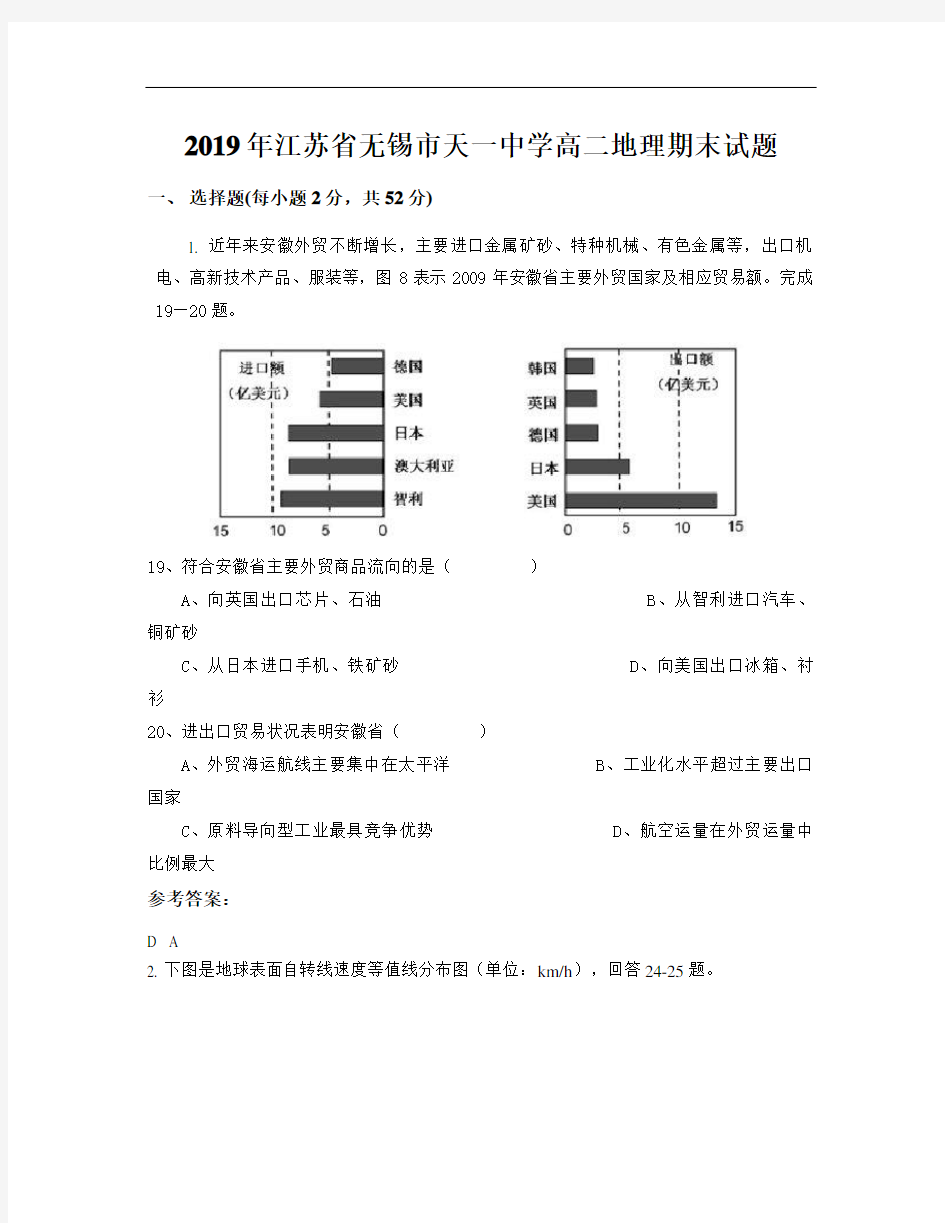 2019年江苏省无锡市天一中学高二地理期末试题