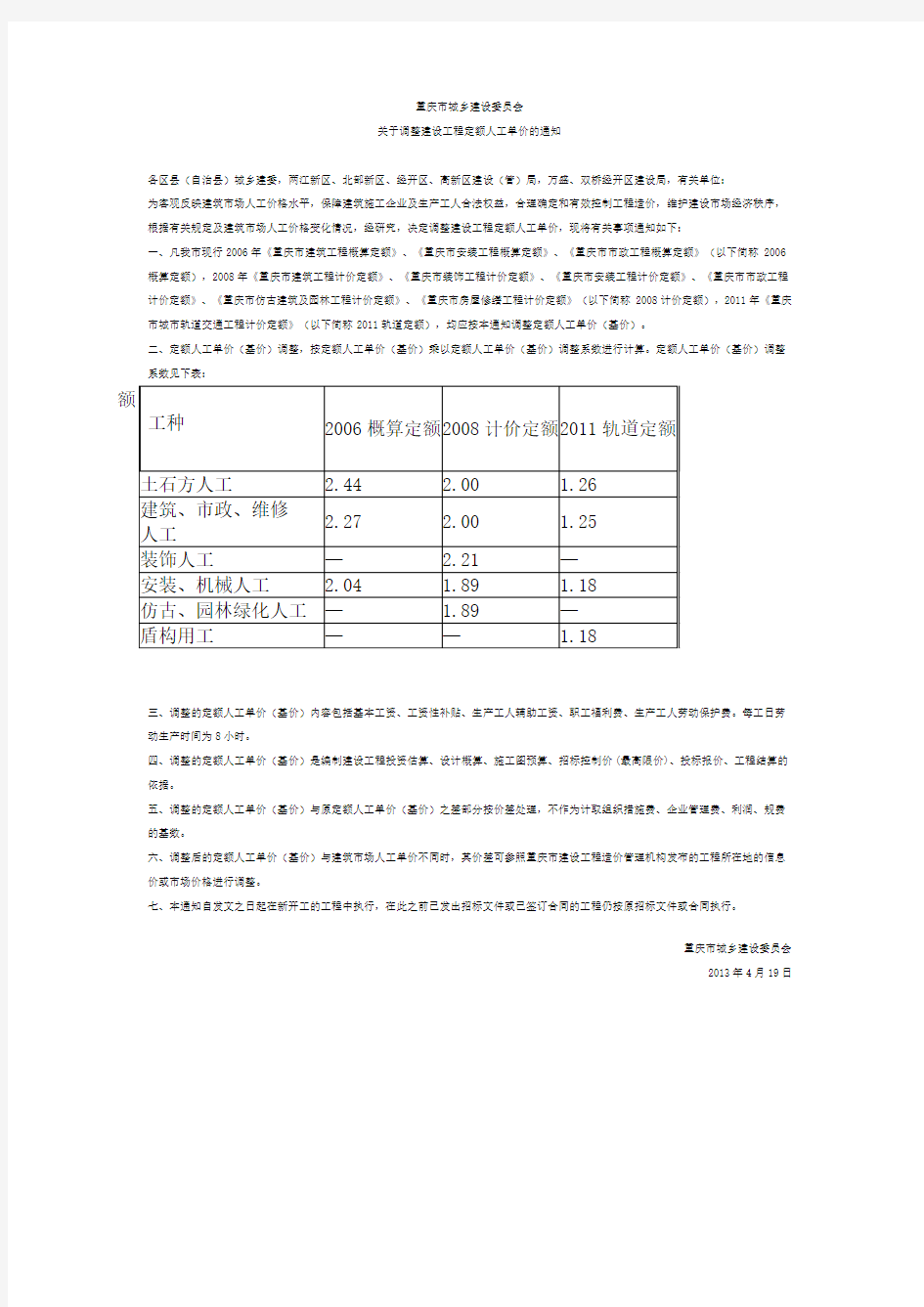 重庆市城乡建设委员会关于调整建设工程定额人工单价的通知