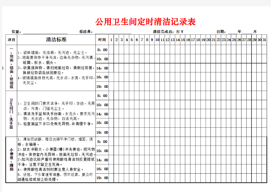 卫生间定时清洁记录表