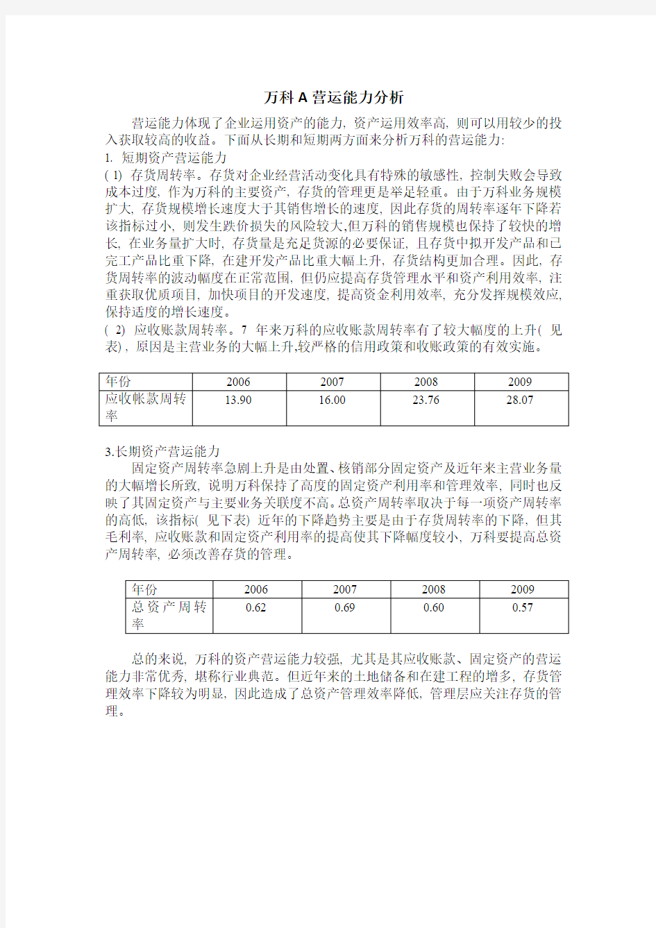 万科A营运能力分析