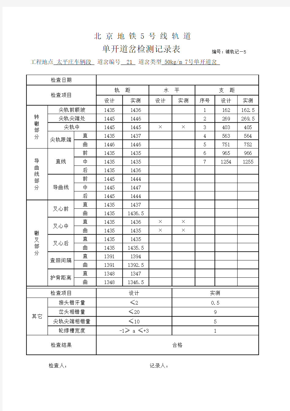 单开道岔检查记录簿