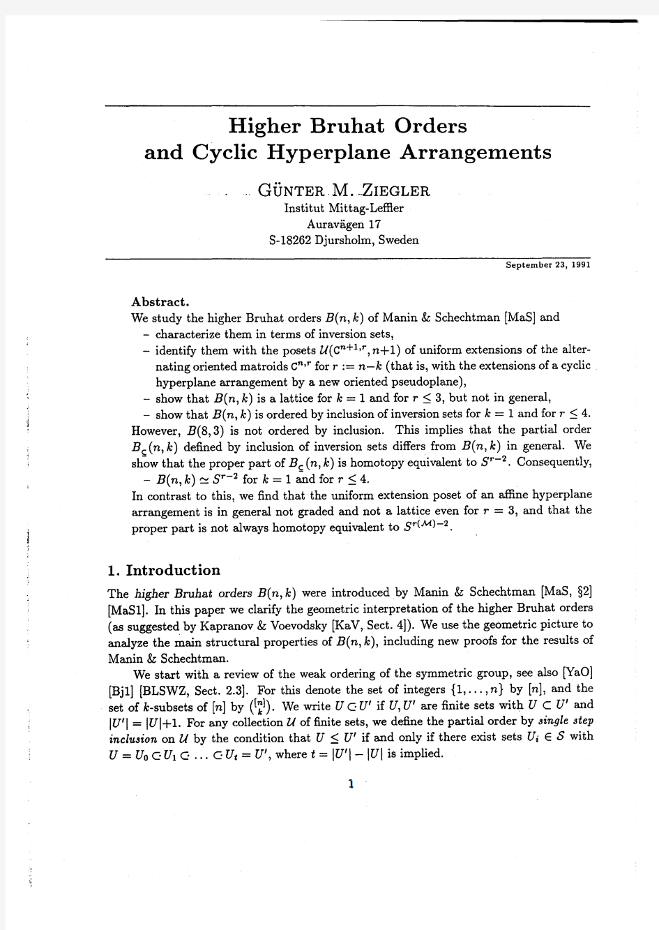 Higher Bruhat orders and cyclic hyperplane arrangements, Topology 32