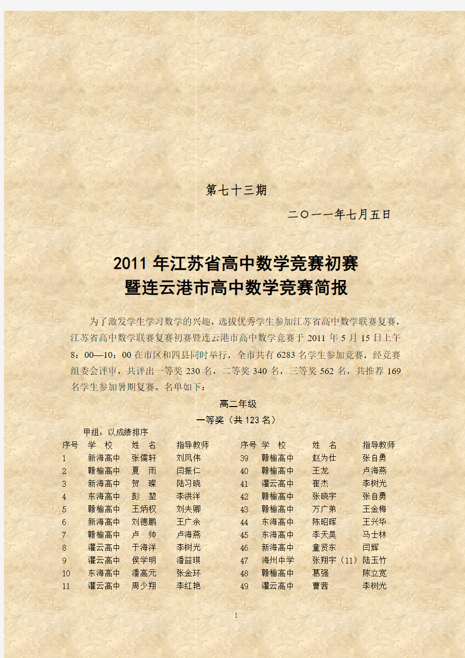 2011年江苏省高中数学竞赛初赛 暨连云港市高中数学竞赛简报