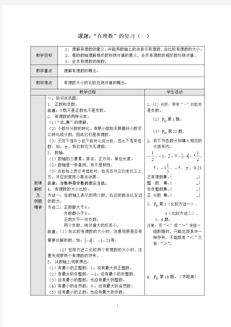 有理数的复习(一)