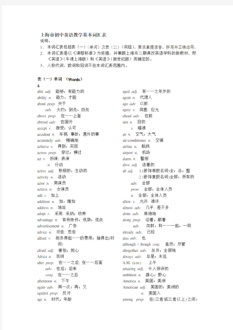 初中英语考纲词汇表