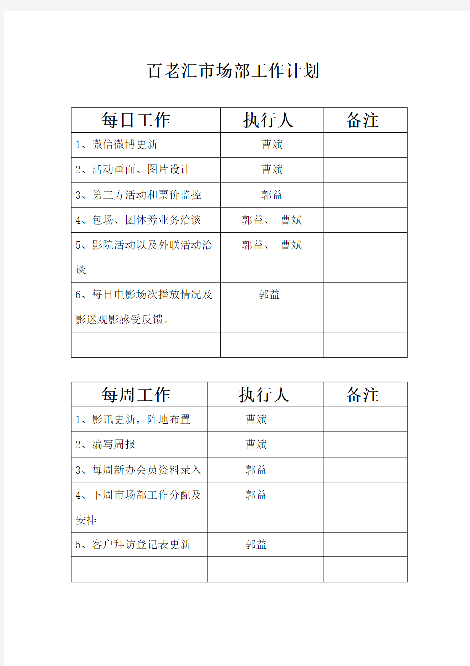 市场部工作计划