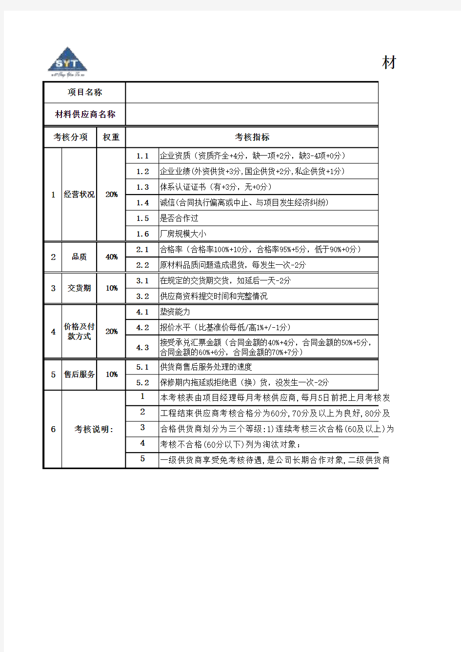 材料供应商考核表