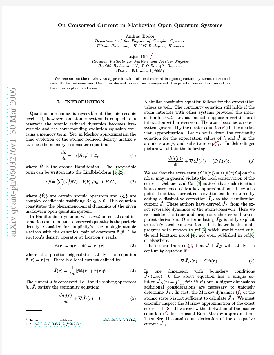 On Conserved Current in Markovian Open Quantum Systems