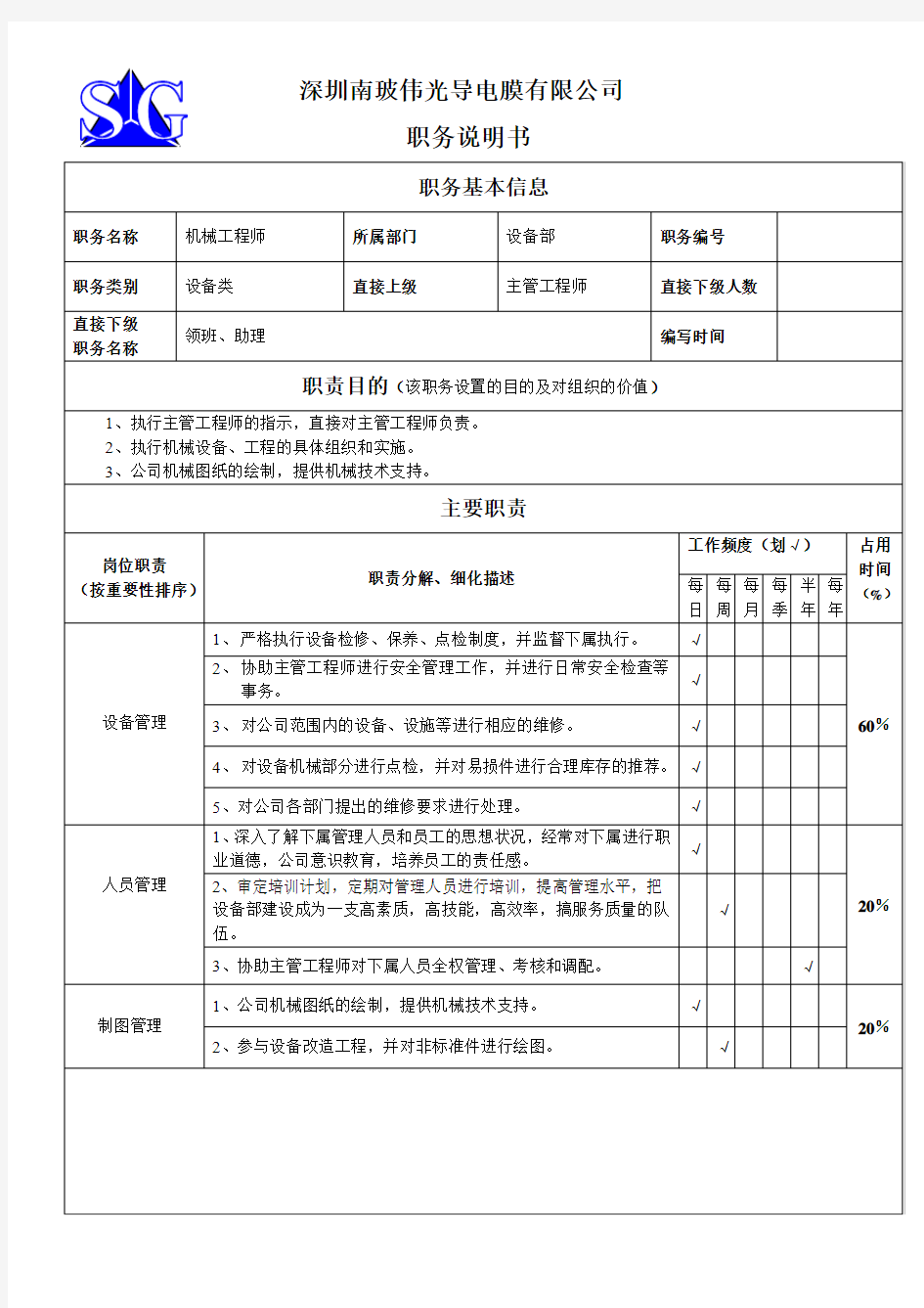 机械工程师职务说明书