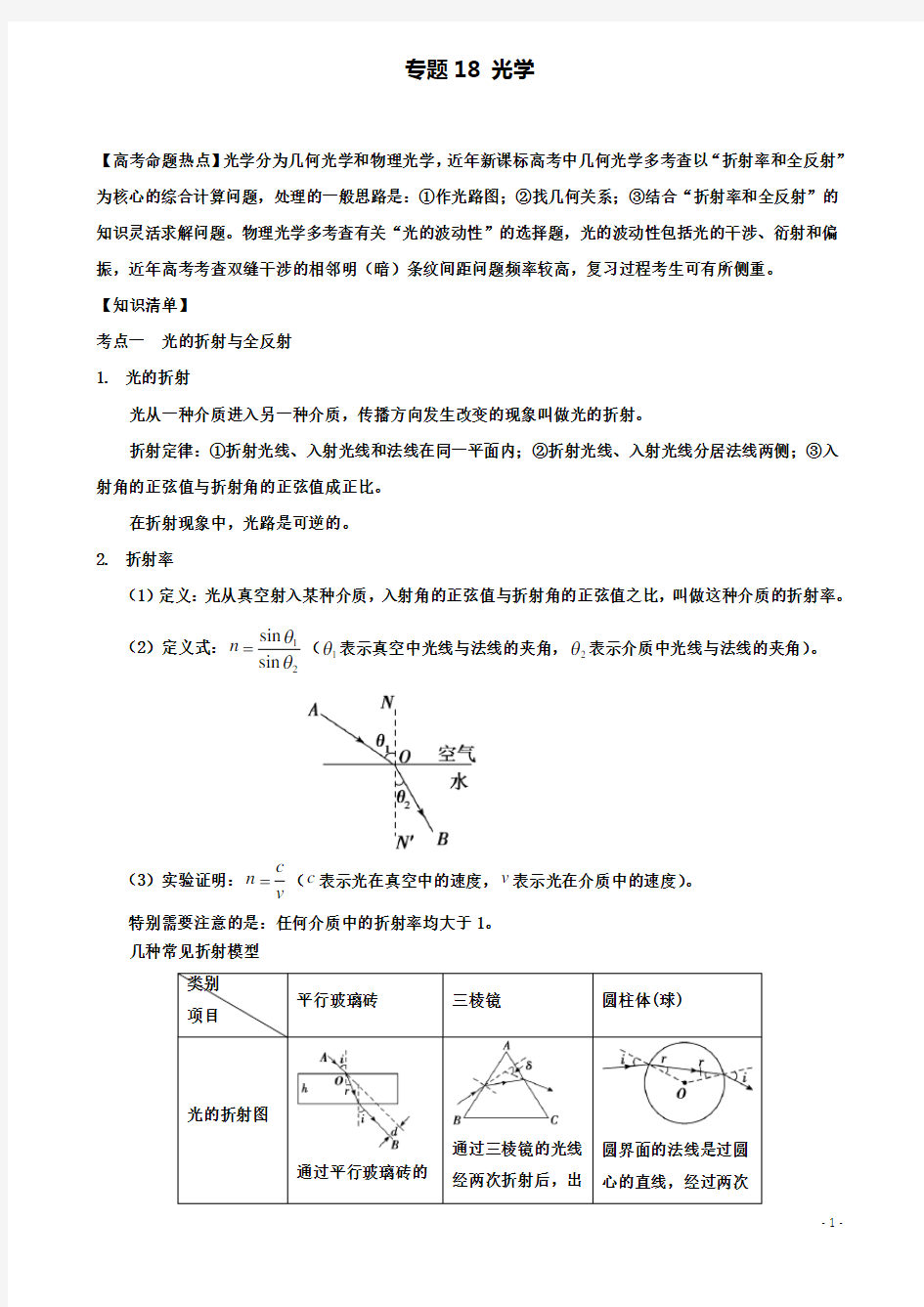 高考物理热点快速突破选考部分专题光学