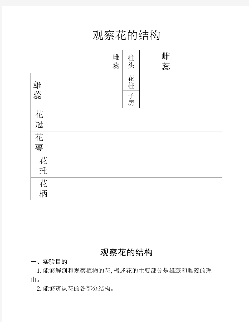 观察花的结构    实验单