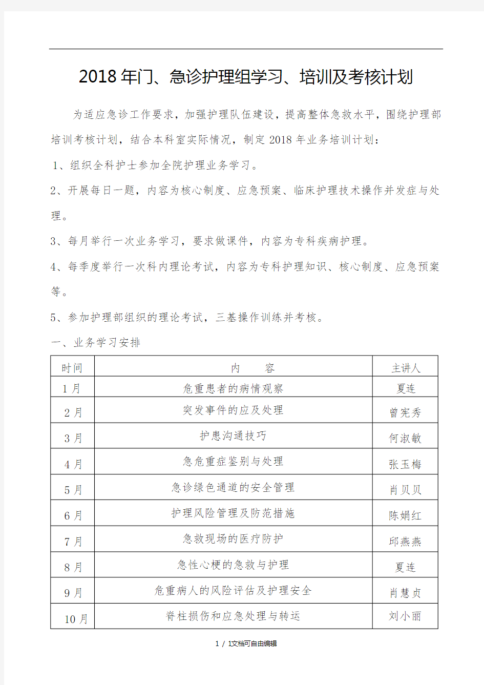 2018年急诊科护士培训计划