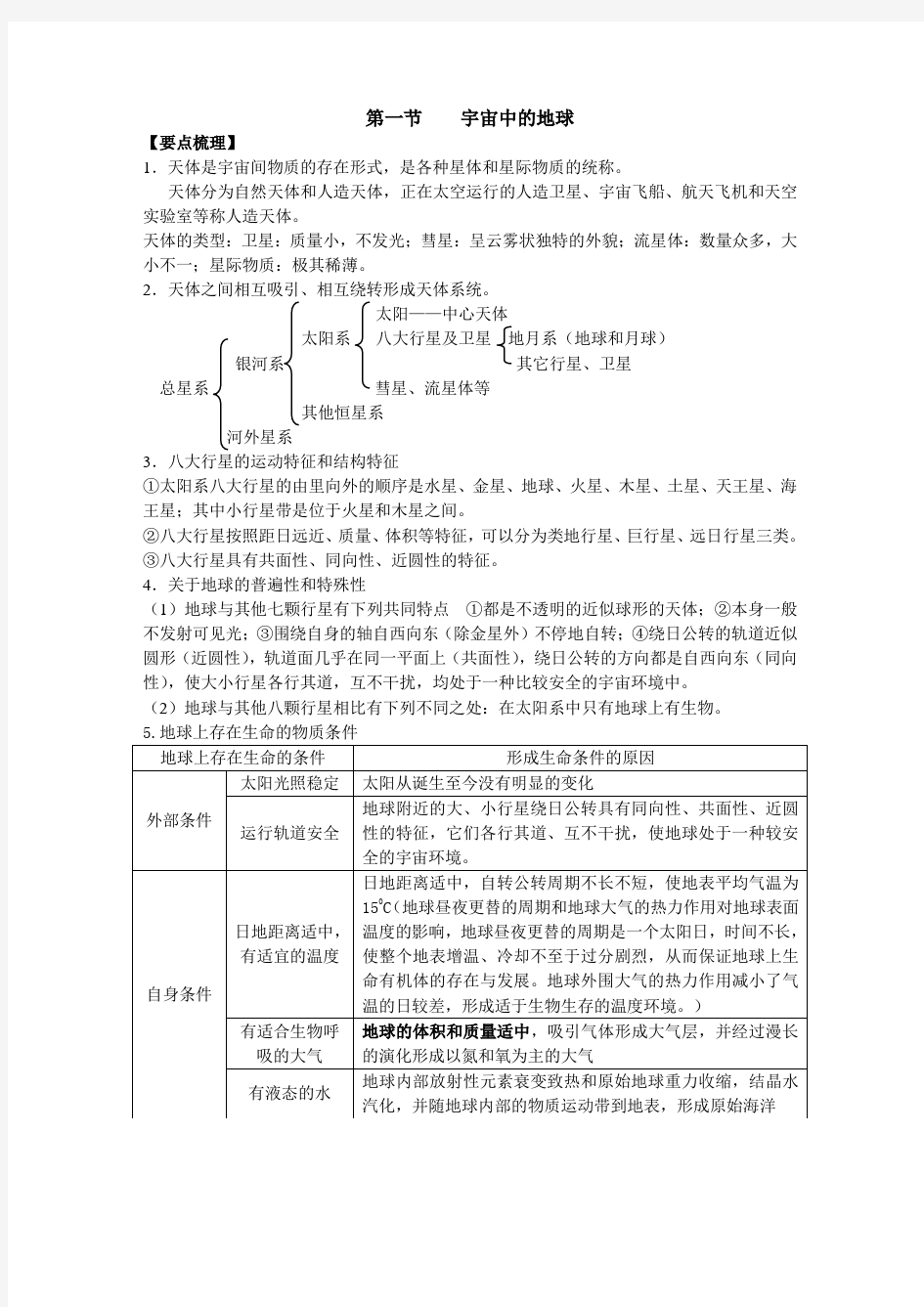 人教版高一地理必修一 第一章 行星地球知识点