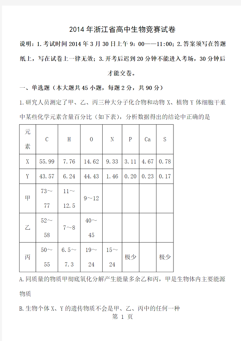 2019年浙江省高中生物竞赛试卷版修订共32页