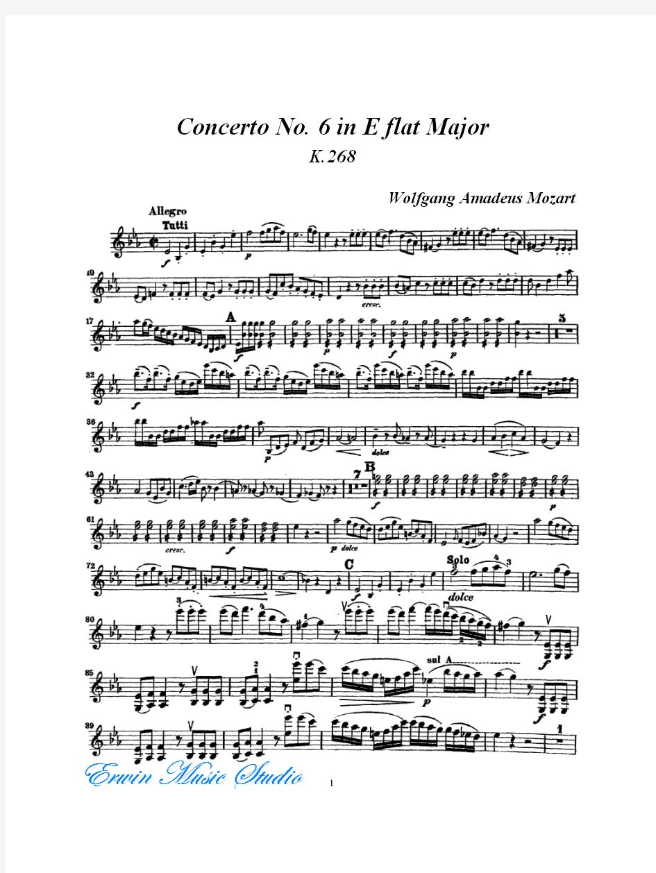 Ciolin  莫扎特《降E大调第六小提琴协奏曲》K. 268 小提琴曲谱+钢琴伴奏曲谱Wolfgang Amadeus Mozart
