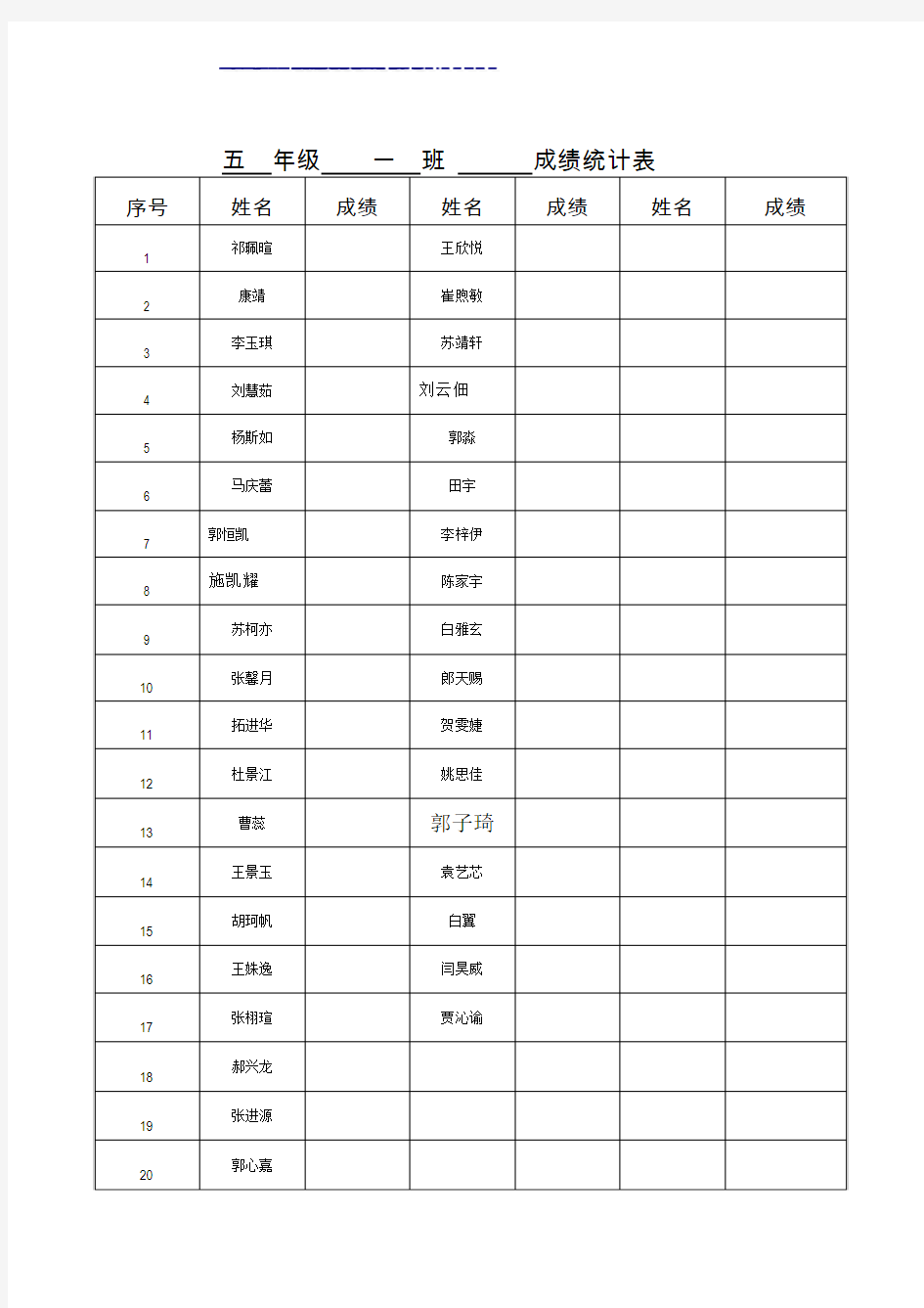 五年级口算成绩统计表