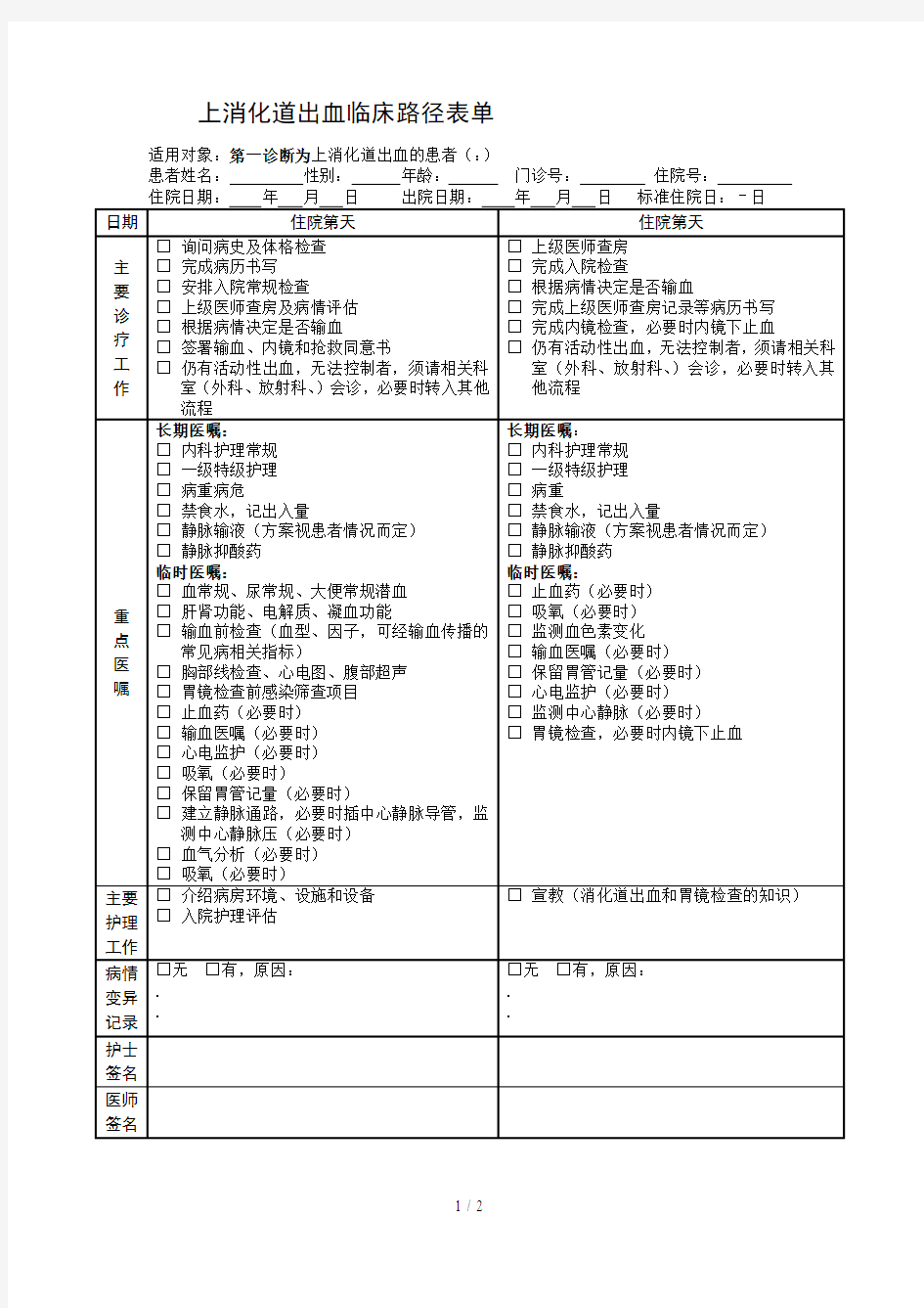 上消化道出血临床路径表单