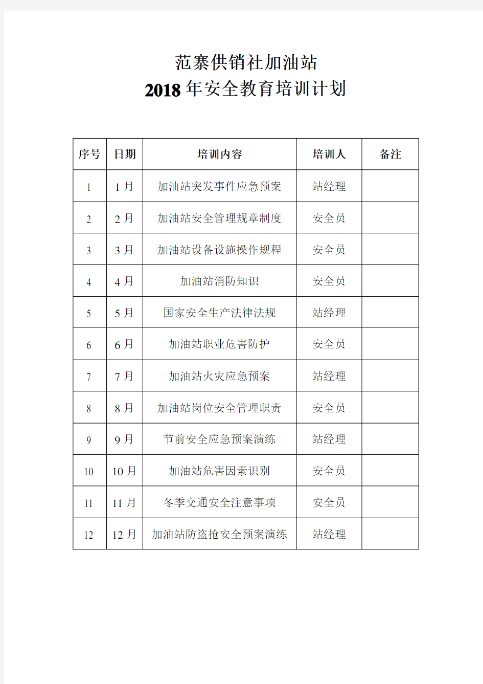 (完整版)加油站安全教育培训计划