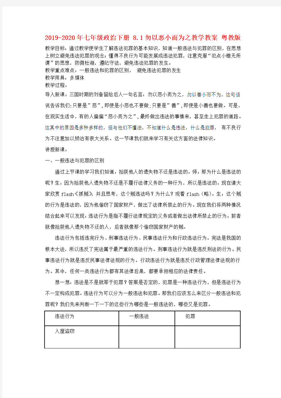 2019-2020年七年级政治下册 8.1勿以恶小而为之教学教案 粤教版