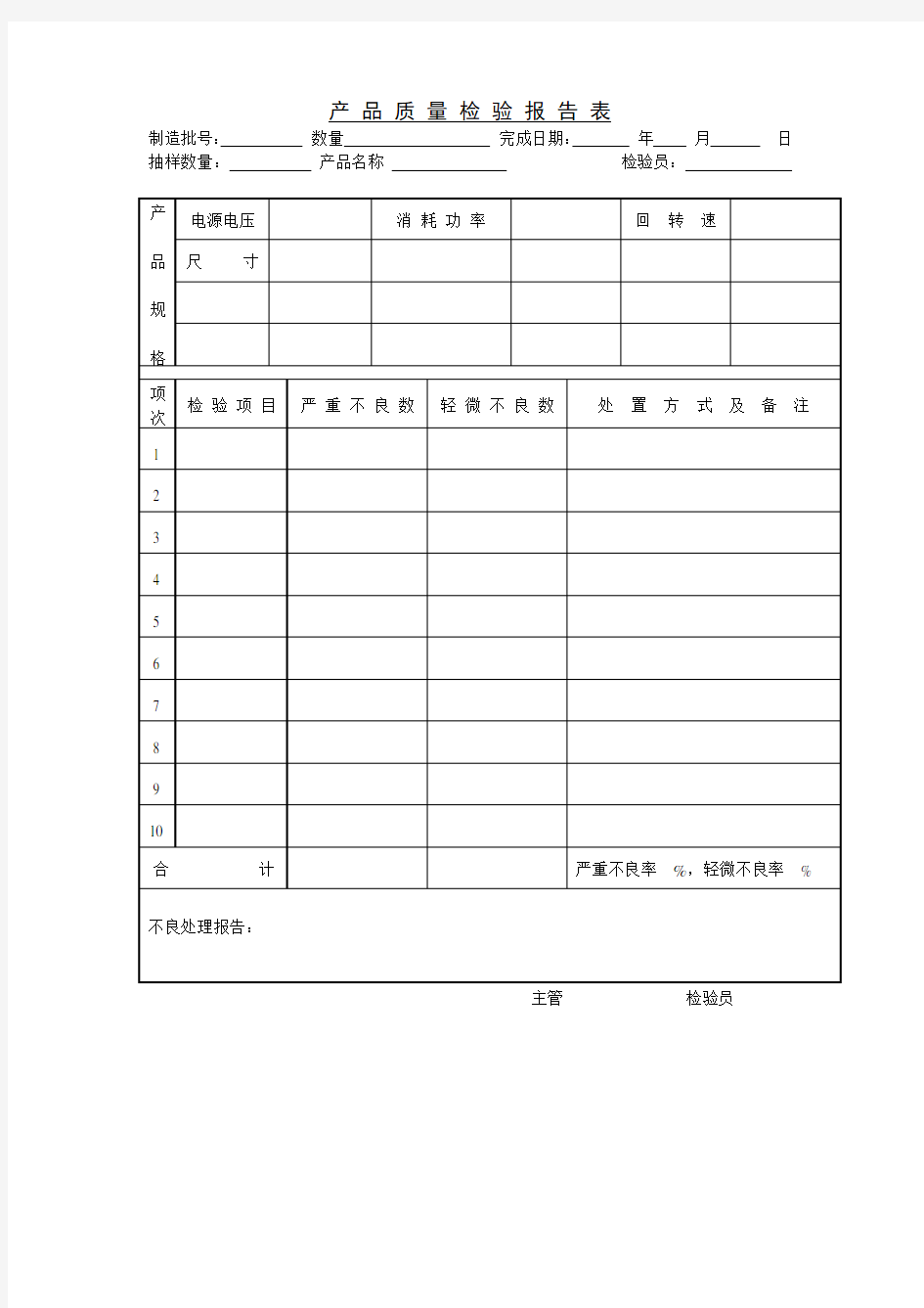 产品质量检验报告表 